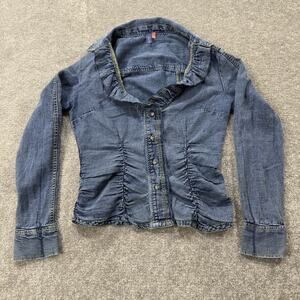 Pilcro Anthropologie Denim Ruched Button Front Shirt Jacket Womens S Blue Top